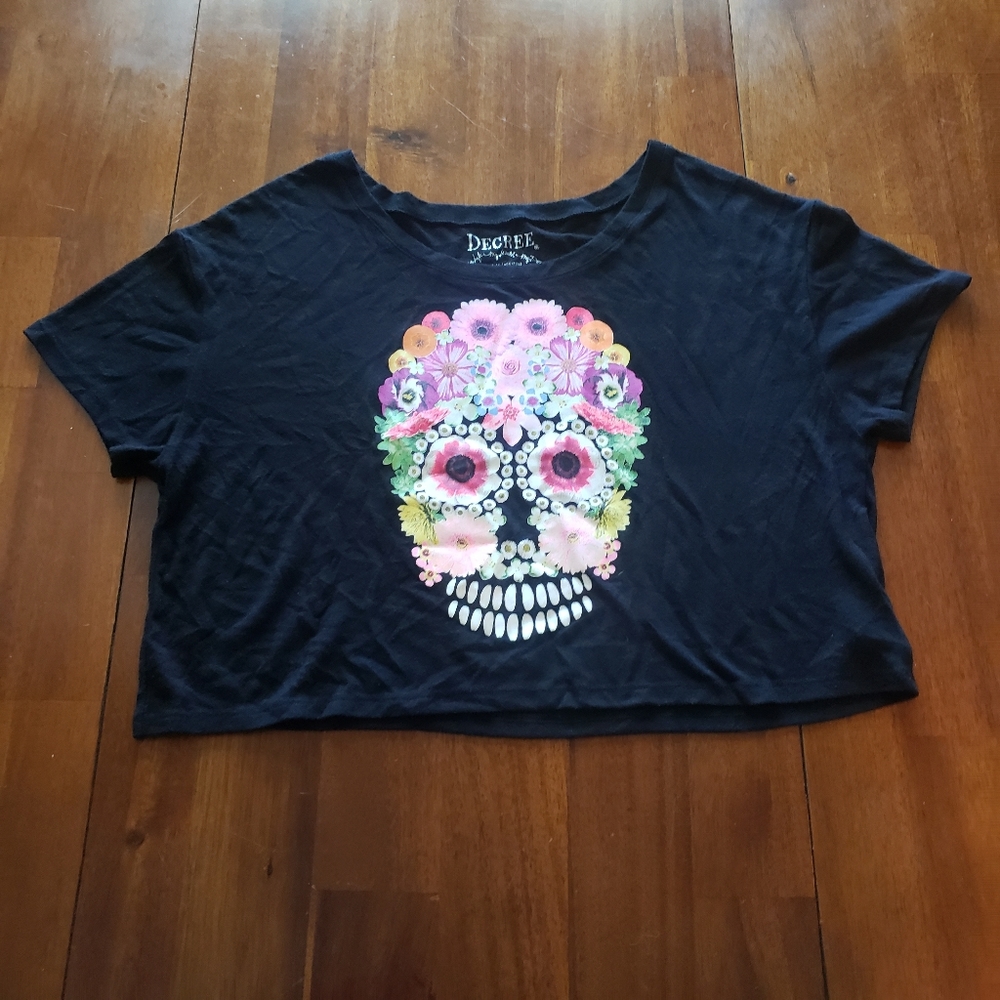 Decree Black Pink Orange Floral Skull Crop Top